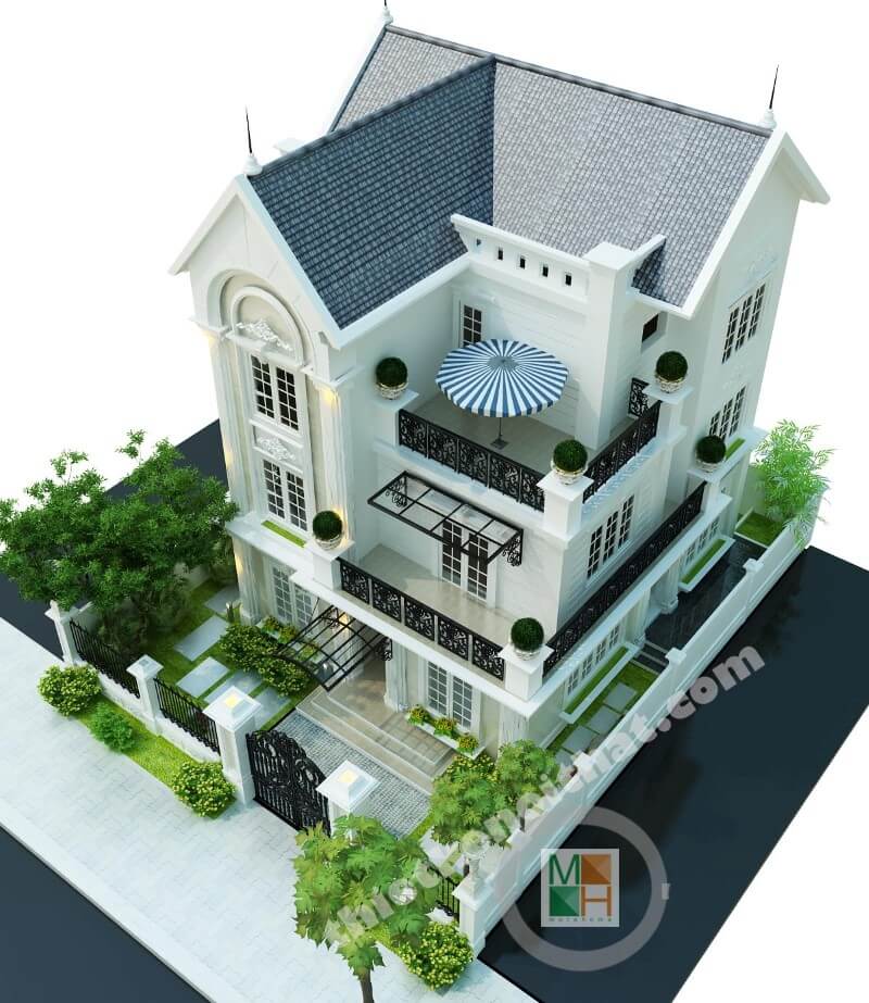 Thiết kế kiến trúc biệt thự 3 tầng phong cách tân cổ điển sang trọng tại Việt Hưng Long Biên Hà Nội thiết kế biệt thự đơn lập