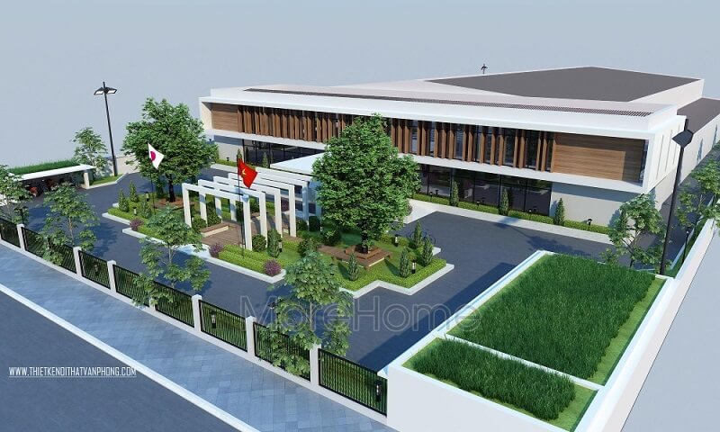 Mẫu thiết kế kiến trúc nội thất văn phòng công ty Bình Minh đẹp, ấn tượng kết hợp ngoại thất không gian xanh thiết kế kiến trúc