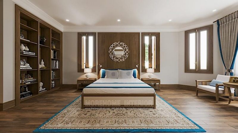 Phòng ngủ diện tích rộng này được trang trí với sự kết hợp hài hòa giữa màu sắc và nội thất tinh tế, giúp người dùng cảm nhận được sự thoải mái. Giường ngủ gỗ tự nhiên 1800x2000 hiện đại được thiết kế đơn giản và sản xuất kết hợp với bọc tại phần thân giường.