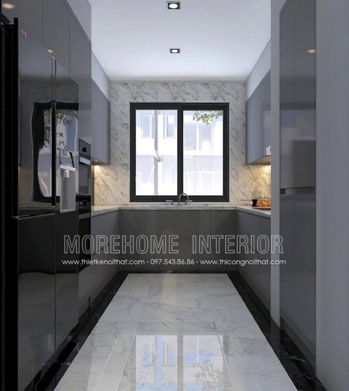 Nếu bạn có một không gian bếp không quá lớn, thiết kế nội thất với tủ bếp hình chữ U hiện đại gỗ acrylic là một gợi ý tốt để phát huy tối đa công năng của không gian. Bên một bố trí tủ lạnh, lò vi sóng, lò nướng, bên kia là bếp từ nấu và tủ bếp đựng bát đĩa, xoong nồi cần thiết, và ở giữa là chậu rửa.