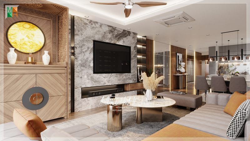 Mặt đá tròn trên bàn trà đôi góp phần tạo nên sự tinh tế sang trọng cho không gian ấm cúng của gia đình.